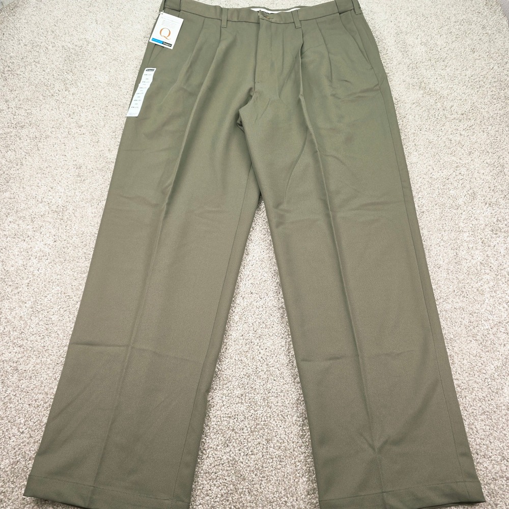 Haggar Cool 18 Mens Pleated Dress Pants 40x32 Olive Green Expandable Waistband